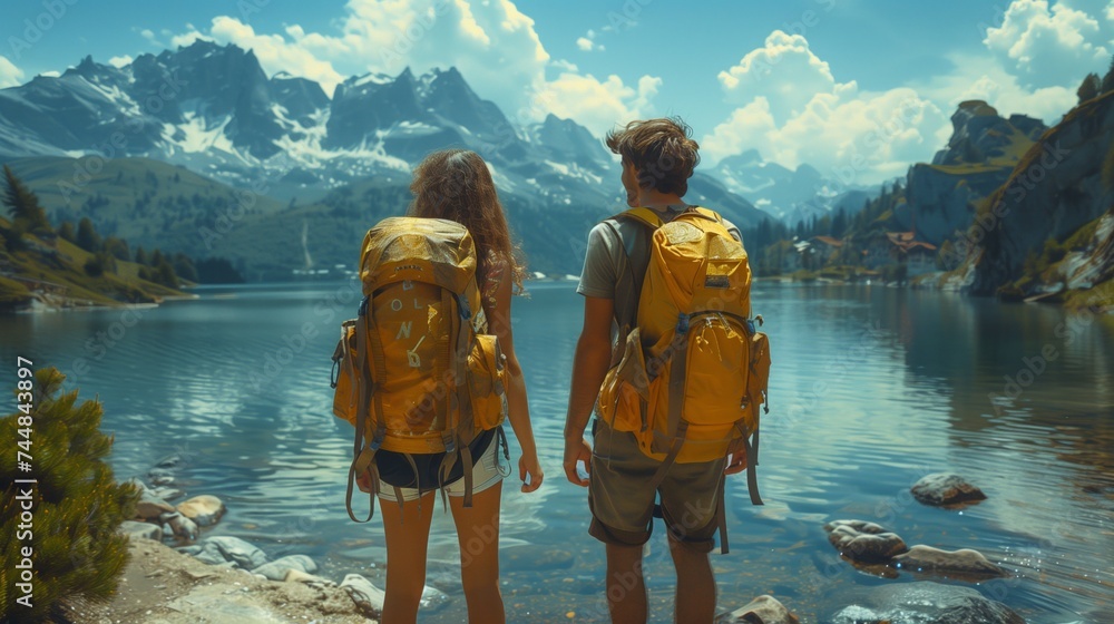 A man and a woman with backpacks standing by a lake in a natural landscape - obrazy, fototapety, plakaty 