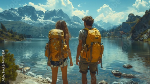 A man and a woman with backpacks standing by a lake in a natural landscape