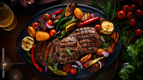 top view of a garden table dressed with grilled meat and fresh vegetables during barbeque time