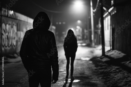 Man following woman in dark street, night, stalking, crime, mugger, scary worry violence, city danger silhouette life footsteps two people girl man, afraid.