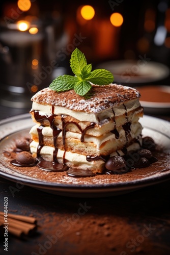 classic tiramisu with cocoa powder; dessert photography; best for banners, flyers, and posters