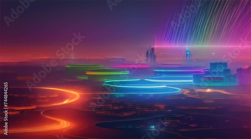 A neon cyberpunk cityscape with vibrant, glowing rivers and floating platforms under a sky streaked with rainbow lights. photo