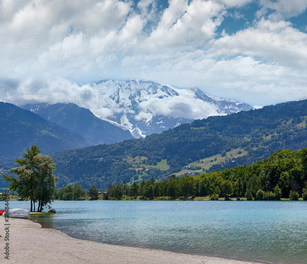 Lake Passy and Mont Blanc mountain massif summer view.