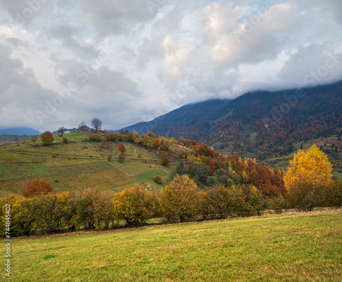 Cloudy and foggy day autumn mountains scene. Peaceful picturesque traveling, seasonal, nature and countryside beauty concept scene. Carpathian Mountains, Ukraine.