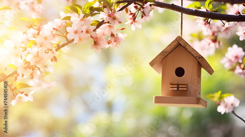 bird house hanging in a tree with on blurred spring outdoor background