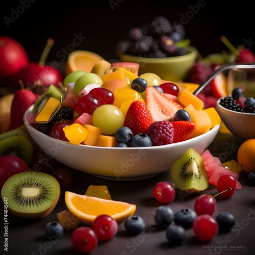Bowl of healthy fruit salad on a dark background