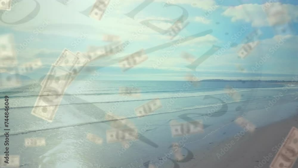 Animation of moving clock and dollar banknotes over seaside landscape Animation of moving clock and dollar banknotes over seaside landscape