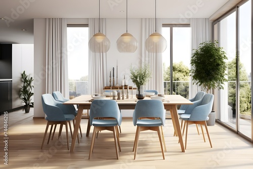 Scandinavian dining room interior in light colors with wooden table and chairs. House apartment design in a minimalist style