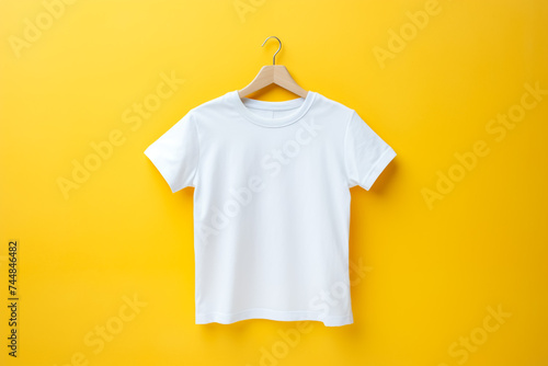 Hanger with blank white t-shirt on yellow background, space for text