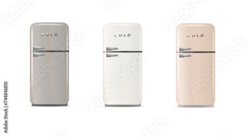 Modern fridges. Realistic coolers, refrigerators for home or restaurant kitchen and cold products storage. 3d Vector