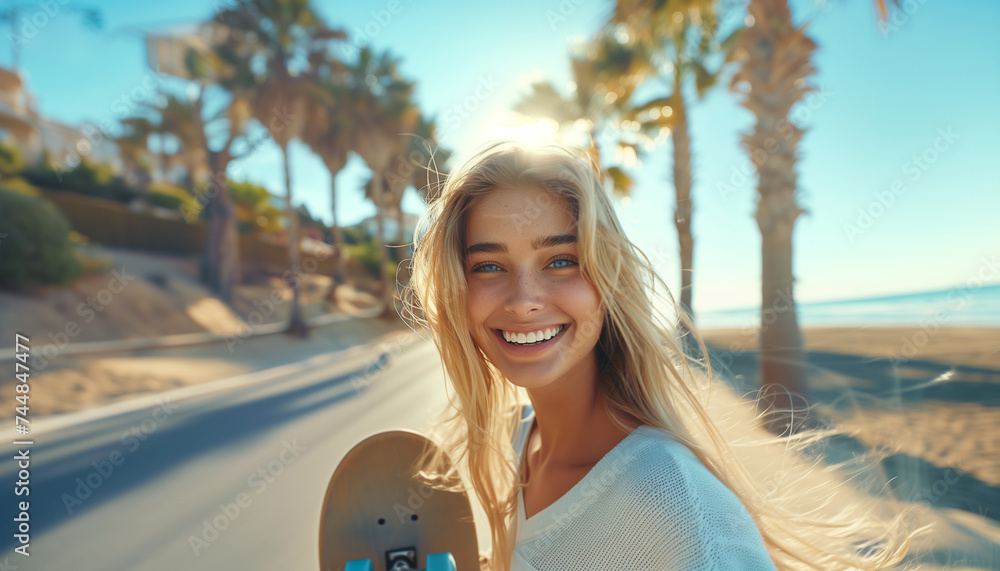 portrait of Cheerfull beautiful blonde hair young woman with skateboard, curly hair looking at camera on the seaside resort.Gorgeous human beauty, fashion, vacations and active lifestyle concept image - obrazy, fototapety, plakaty 