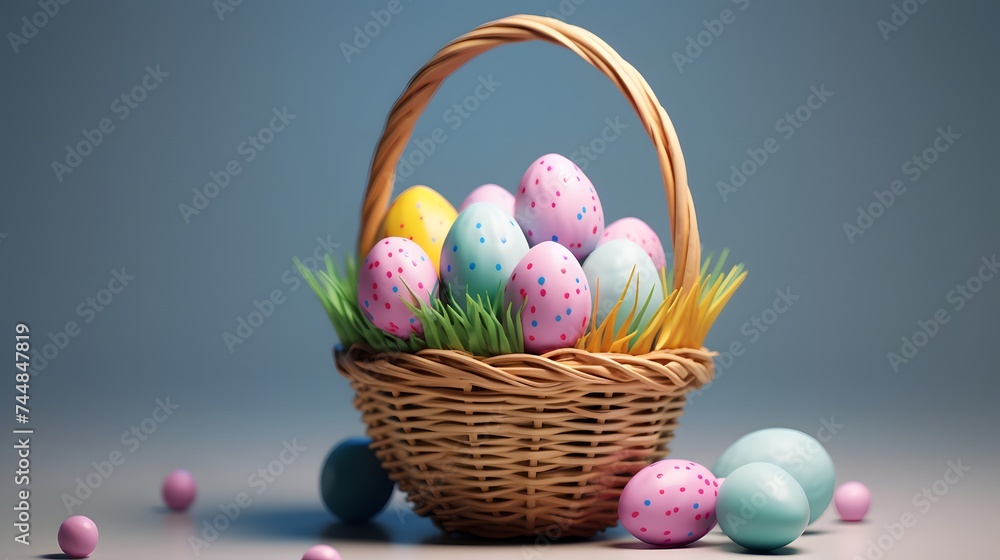 Wicker basket with Easter colored eggs on white blue background