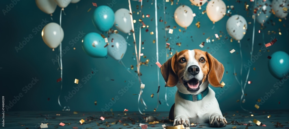 In this delightful image, a dog dons a party hat, creating a playful atmosphere as it extends a heartwarming birthday greeting, exuding charm and celebration in every wag and bark. - obrazy, fototapety, plakaty 