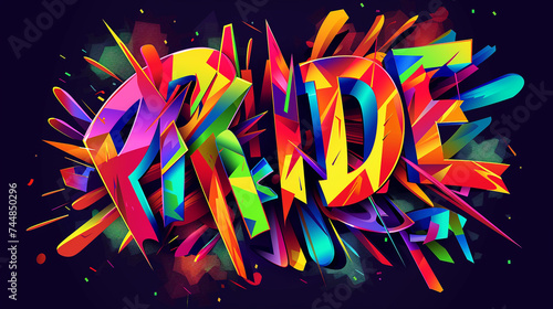 Artistic word PRIDE  in a graffiti style with multicolored geometric shapes