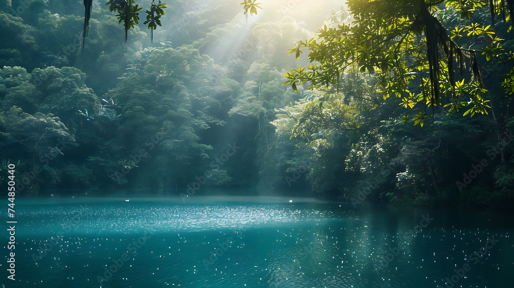 A serene blue lake nestled within a dense forest, sunlight filtering through the canopy, creating dappled patterns on the water's surface - obrazy, fototapety, plakaty 