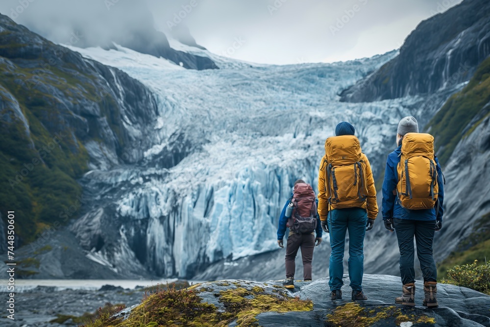 Hikers in awe in front of a glacier wall in the mountains