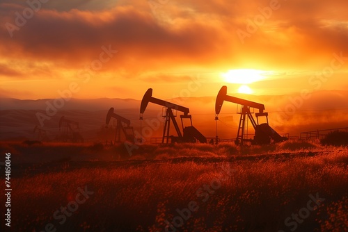 Scenic View of Rustic Oil Pump Jacks Working in a Rural Field at Beautiful Sunset © Maksym