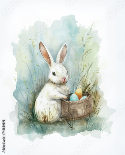 Watercolor vintage Happy Easter greeting card with cute bunny and colored eggs