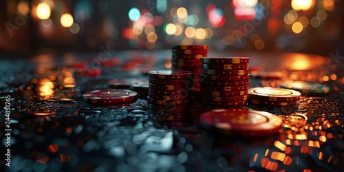 Virtual online casino concept  gaming  currency entertainment  gambling symbols  nightlife  deluxe symbol  betting chips playing cards  live poker digital entertainment  banner wallpaper background.