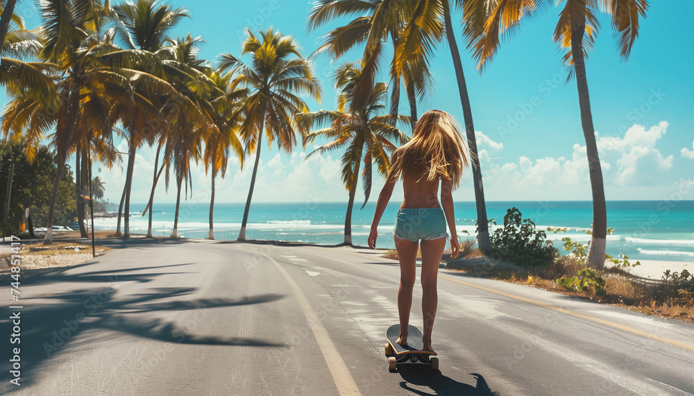 beautiful blonde hair young slim woman on longboard moving down the street under palm trees to the beach under summer suN. Gorgeous human beauty, fashion, vacations and active lifestyle concept image - obrazy, fototapety, plakaty 