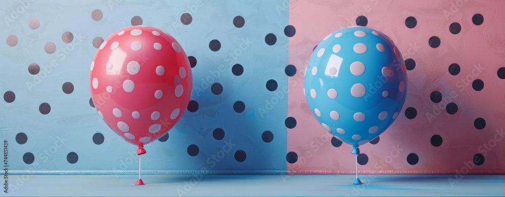Naklejka premium red and blue balloons with polka dots on blue and pink background. Party invitation
