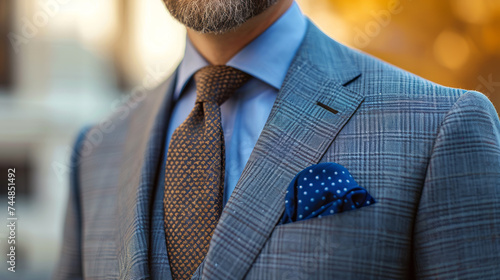 Cropped close-up portrait of elegant, stylish businessman in formal wear. Perfectly fitting grey checked suit and vest, blue shirt, brown speckled tie, blue speckled handkerchief.