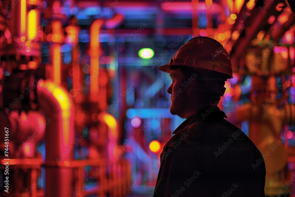 Fototapeta premium Industrial worker in hard hat at work on pipes with bright lights in the background