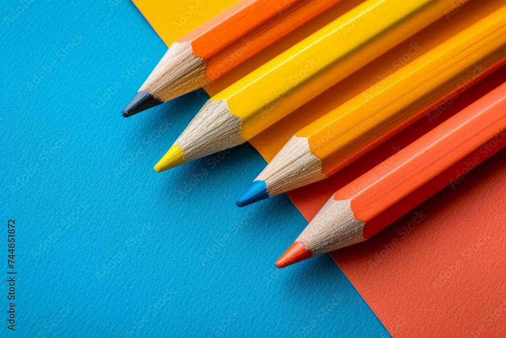 Colored pencils in a row on blue, yellow and orange background. Close-up top view of sharpened colored pencils. Education, school concept. Creative background.