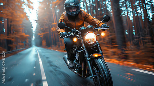 A man wearing a helmet and jacket is riding a motorbike on the road. © J