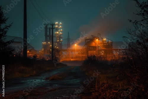 Industrial factory exterior at night with eerie lights in a post-apocalyptic setting