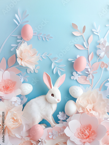 3d paper cut greeting card with cute baby rabbit, flowers and eggs. Happy easter greeting card template.
