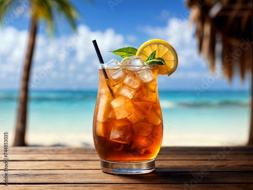 cocktail on a wooden surface with a coastal view in the background