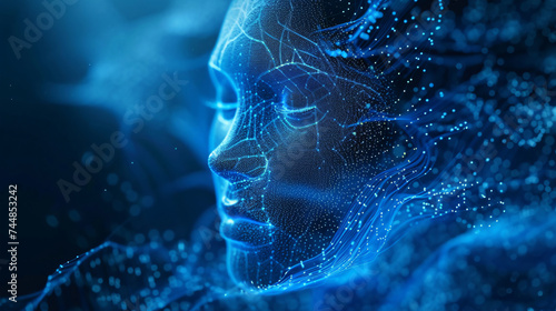 The Technology concept, blue glow Abstract digital human face, with connect digital waves, generative ai