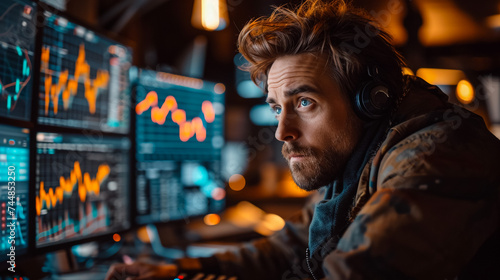 Male trader holding coffee cup while analyzing stock market data on multiple computers at night office