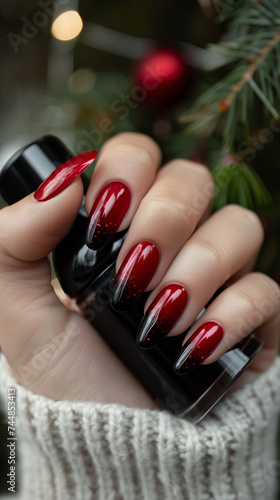 Festive Elegance  Chic Dark Red and Glitter Ombre Nails for the Holiday Season