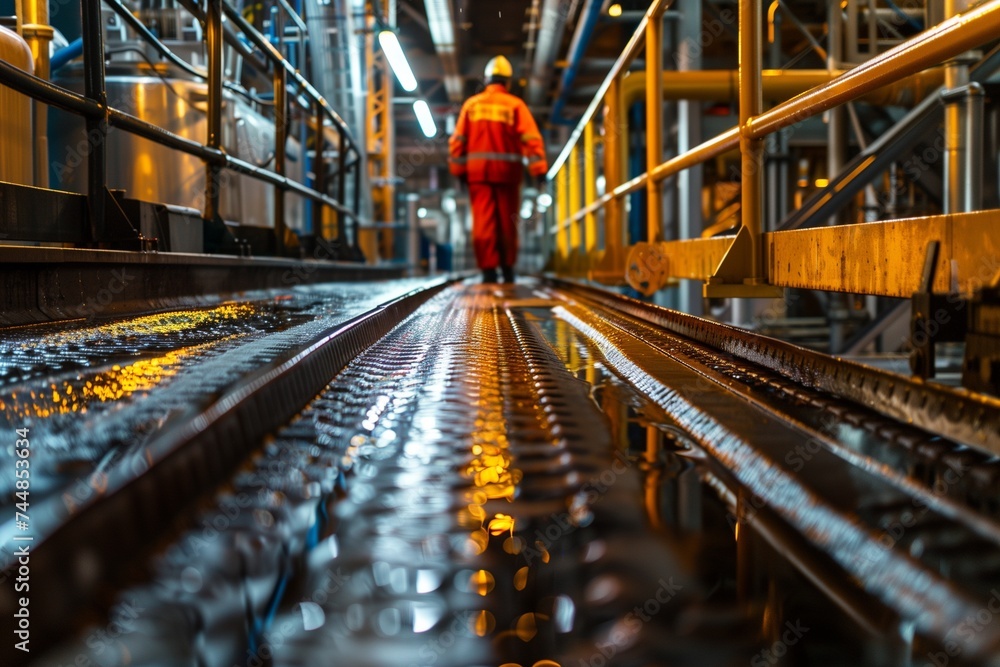 Worker in Orange Hazmat Suit Inspects Industrial Pipes and Equipment in a Factory Worker in Orange Hazmat Suit Inspects Industrial Pipes and Equipment in a Factory