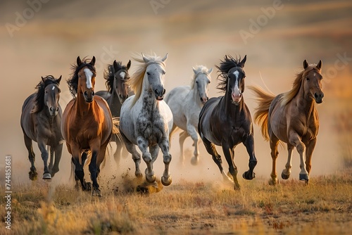 A herd of horses running  scattering dust