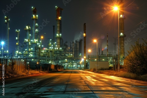 Illuminated oil refinery complex with fractionating columns and flare stacks at night photo