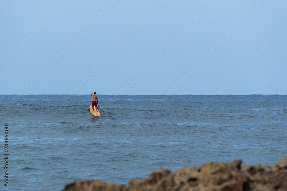 Stand up paddler waiting for waves to surf in the ocean