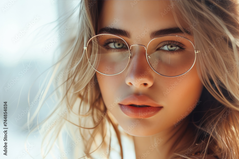Fashion close-up portrait of a young beautiful Caucasian woman wearing stylish glasses posing outdoors. Charming blond girl with perfect makeup. Fashion and style. Fashion close-up portrait of a young beautiful Caucasian woman wearing stylish glasses posing outdoors. Charming blond girl with perfect makeup. Fashion and style.