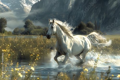 White horse running by the stream