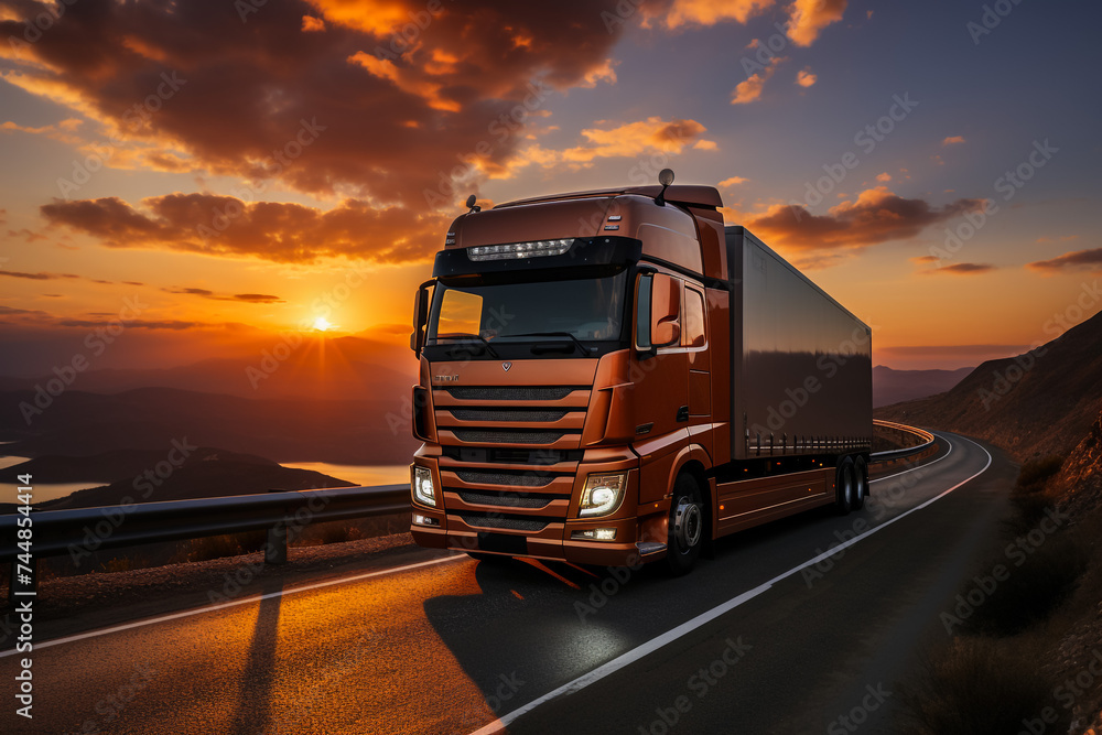 European truck vehicle on motorway with dramatic sunset light. Cargo transportation and supply theme. - obrazy, fototapety, plakaty 