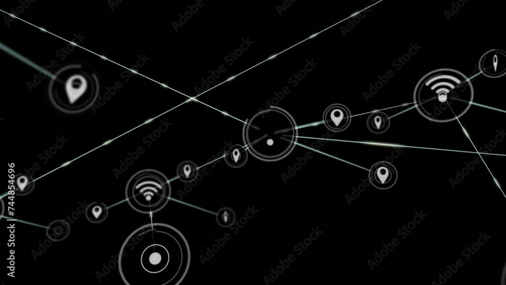 Animation of network of connections with icons on black background Animation of network of connections with icons on black background