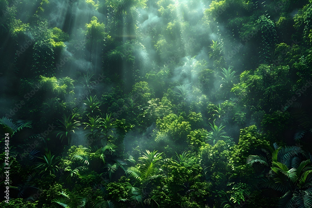Dense jungle landscape illuminated by sunlight Dense jungle landscape illuminated by sunlight
