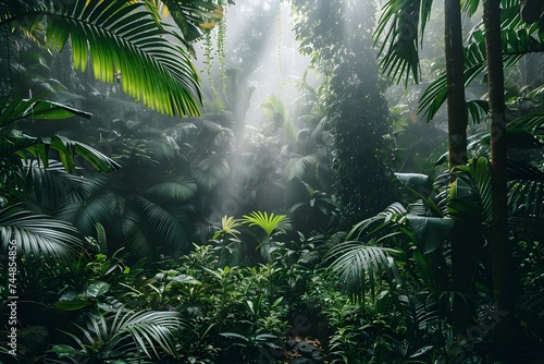 Dense jungle landscape illuminated by sunlight