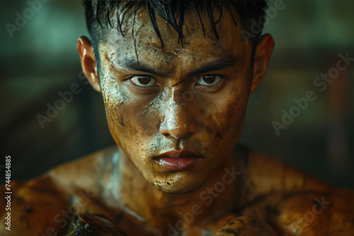Close-up portrait of a young Asian boxer with bare chest, smeared in mud under drops of water. Determined fighter with muscular body and confident look. Combat sports and active lifestyle concept.