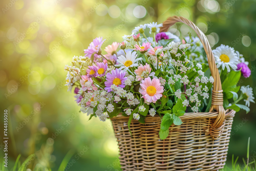 Beautiful bouquet of bright wildflowers in wicker basket. Generative AI