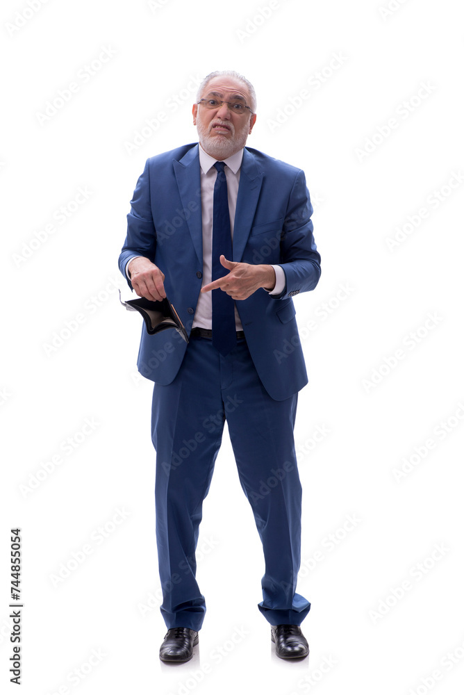 Old businessman holding wallet isolated on white Old businessman holding wallet isolated on white