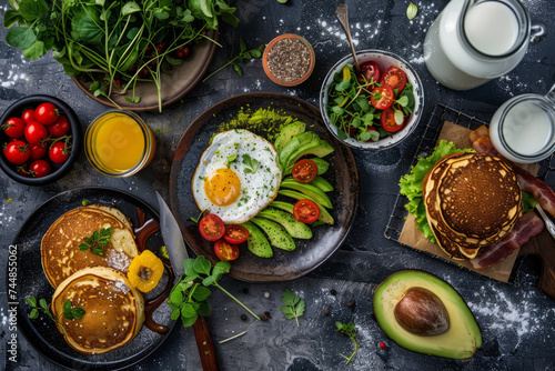Breakfast set. Fried eggs, bacon, pancakes, avocado and orange juice. Generative AI