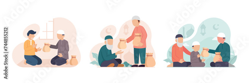 Muslim Man Giving Donation to a Poor people concept vector illustration